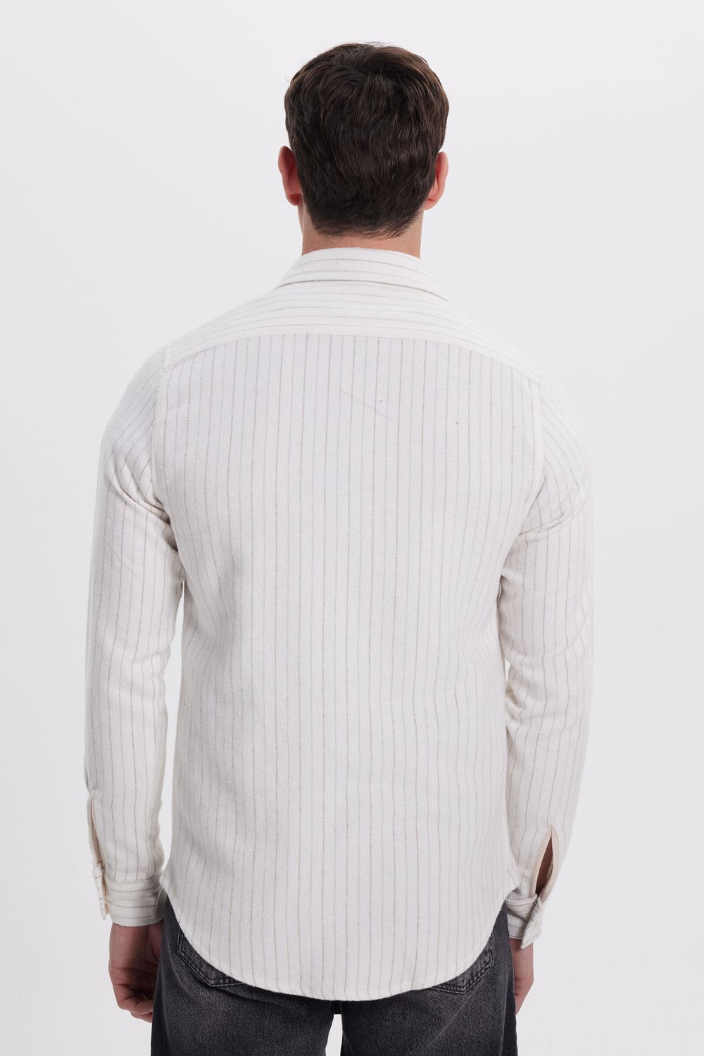 Erkek Slim Fit Dar Kesim Yaka Düğmeli Çizgili Oduncu Gömlek