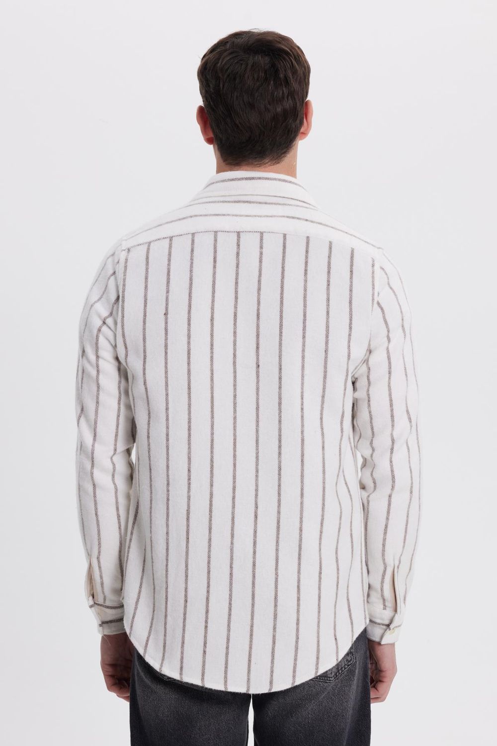 Erkek Slim Fit Dar Kesim Yaka  Düğmeli Çizgili Oduncu Gömlek
