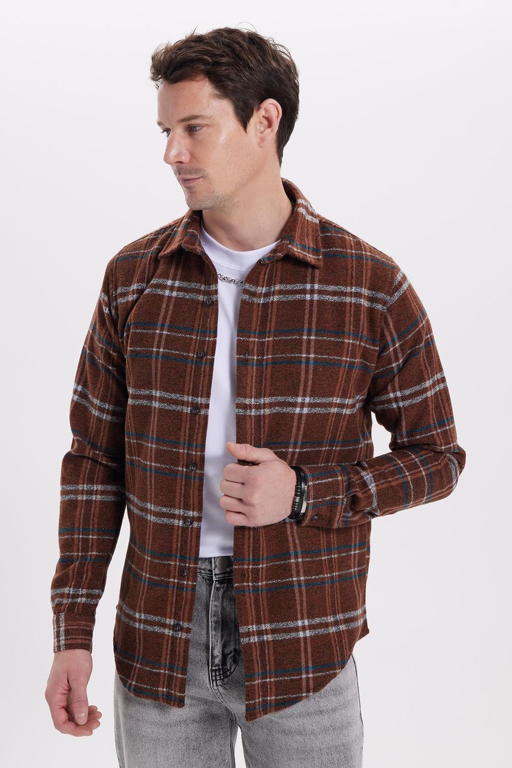 Erkek Slim Fit Dar Kesim Kareli Kışlık Oduncu Gömlek