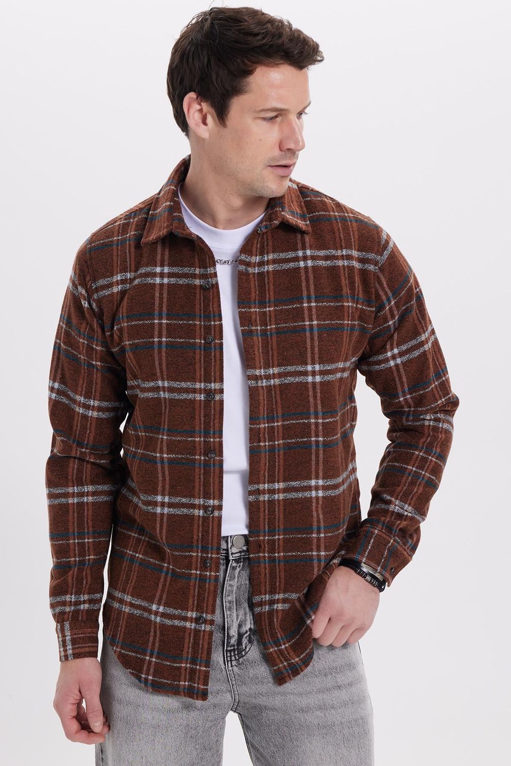 Erkek Slim Fit Dar Kesim Kareli Kışlık Oduncu Gömlek