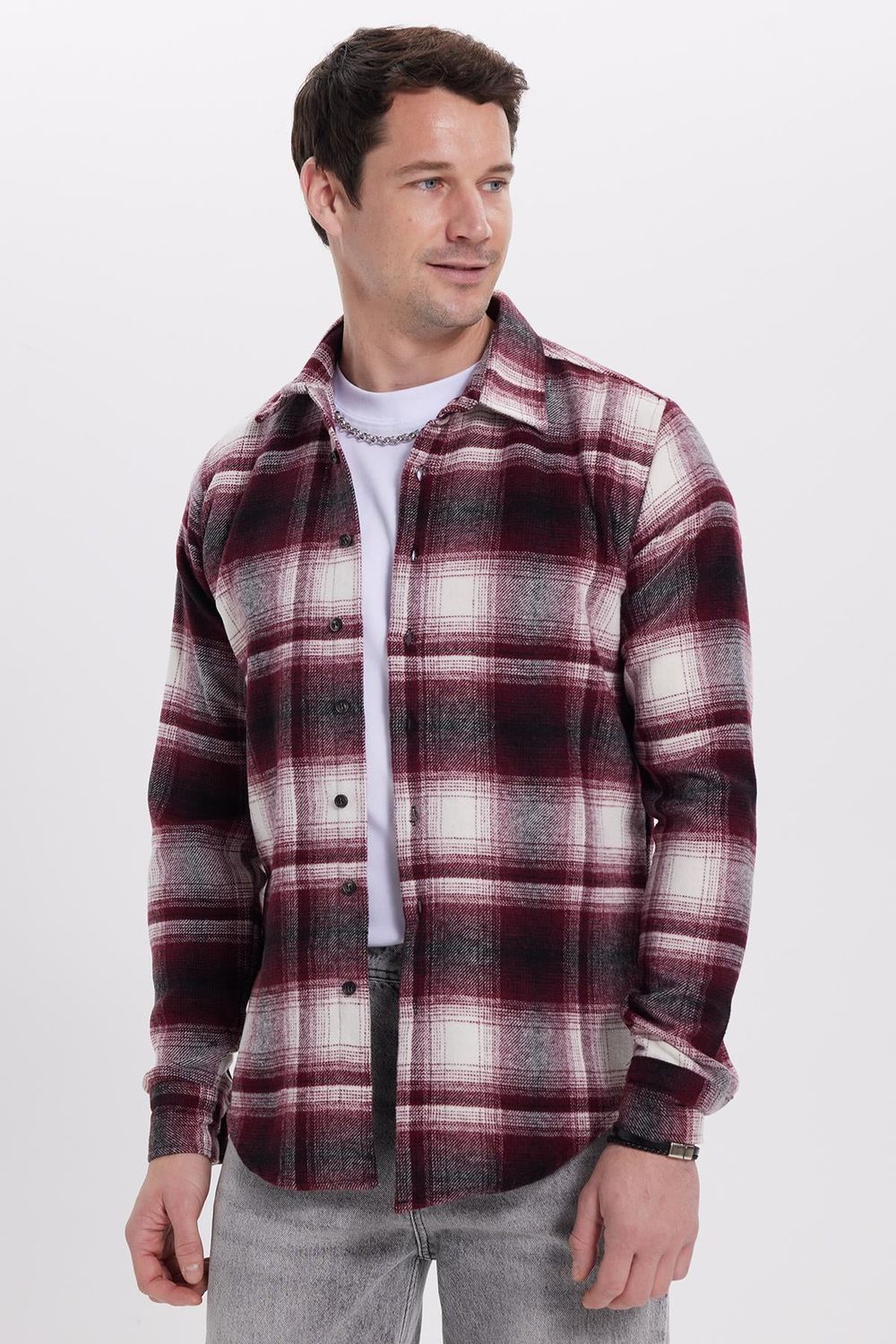 Erkek Slim Fit Dar Kesim Kareli Kışlık Oduncu Gömlek