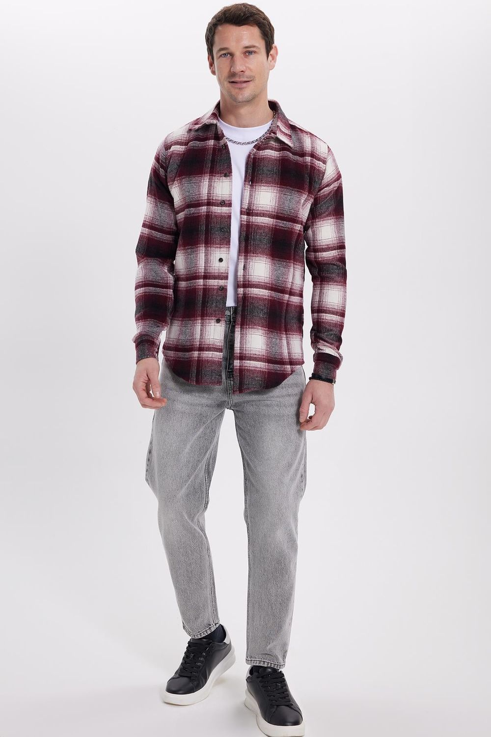 Erkek Slim Fit Dar Kesim Kareli Kışlık Oduncu Gömlek