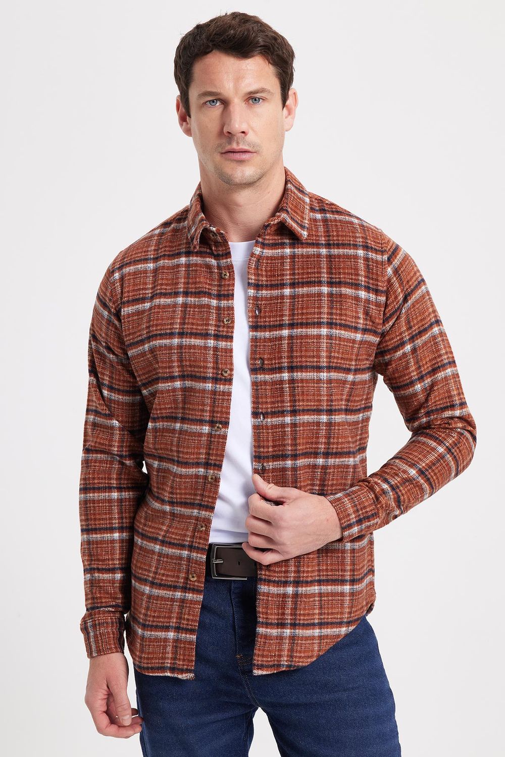 Erkek Slim Fit Dar Kesim Kareli Kışlık Oduncu Gömlek