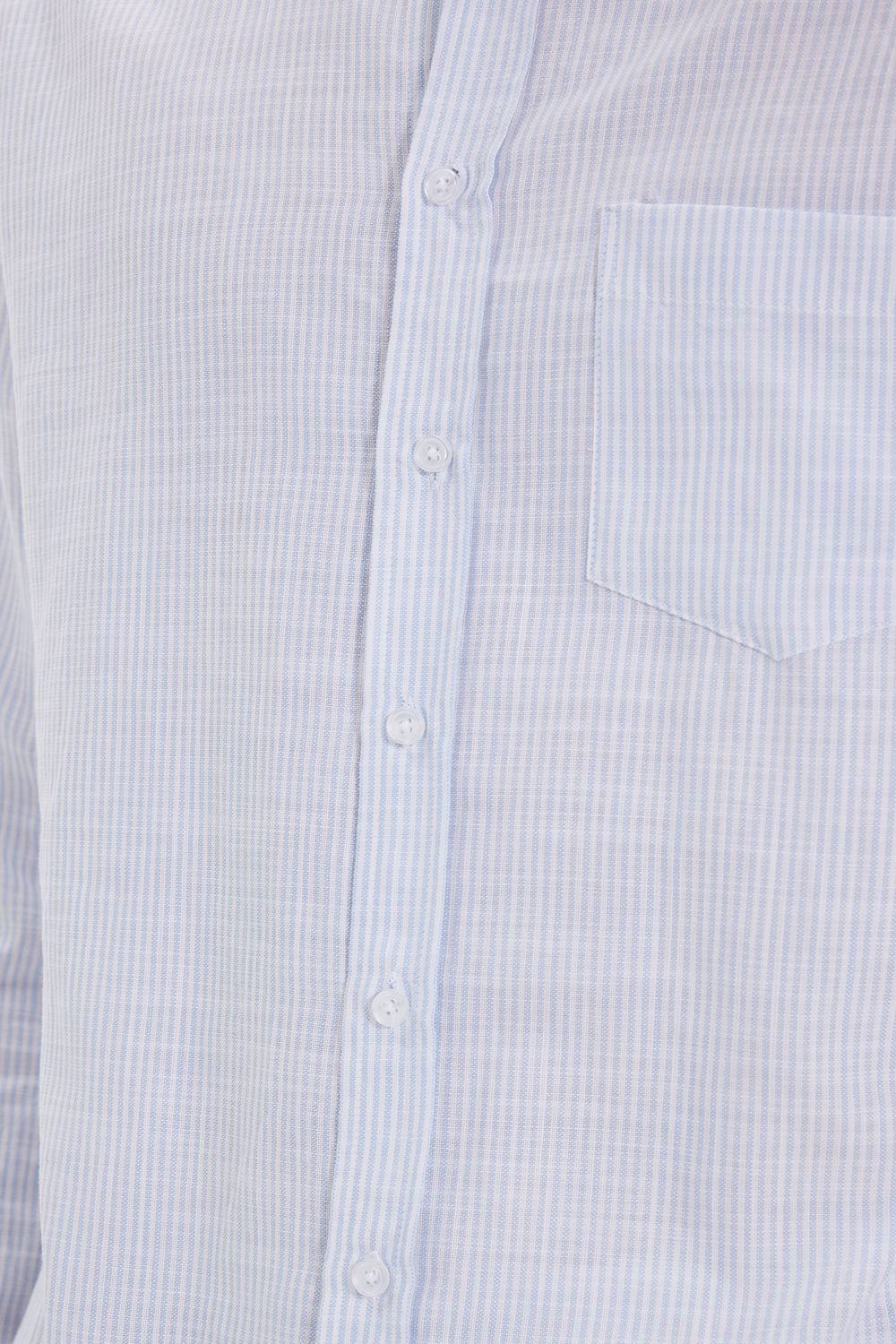 Erkek Slim Fit Dar Kesim %100 Pamuk Düğmeli Yaka Çizgili Uzun Kollu Cepli Keten Efektli Mavi Gömlek