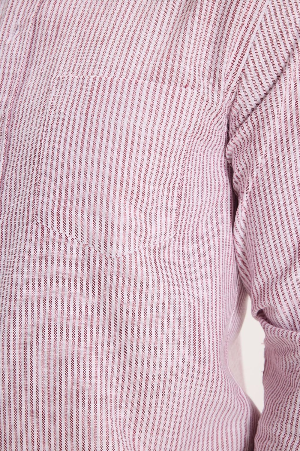 Erkek Slim Fit Dar Kesim %100 Pamuk Düğmeli Yaka Çizgili Uzun Kollu Cepli Keten Efektli Bordo Gömlek