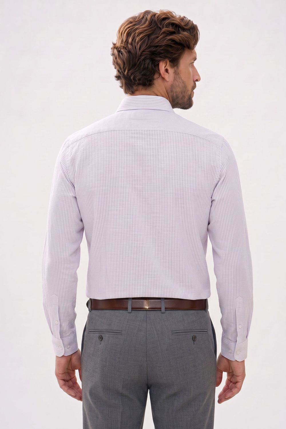 Erkek Slim Fit Dar Kesim Yaka Düğmeli Çizgili Uzun Kollu Cepli Keten Efektli Gömlek