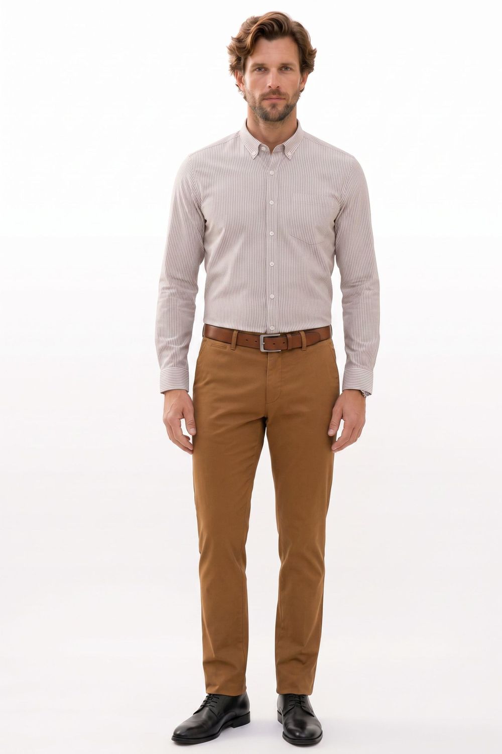 Erkek Slim Fit Dar Kesim Yaka Düğmeli Çizgili Uzun Kollu Cepli Keten Efektli Gömlek