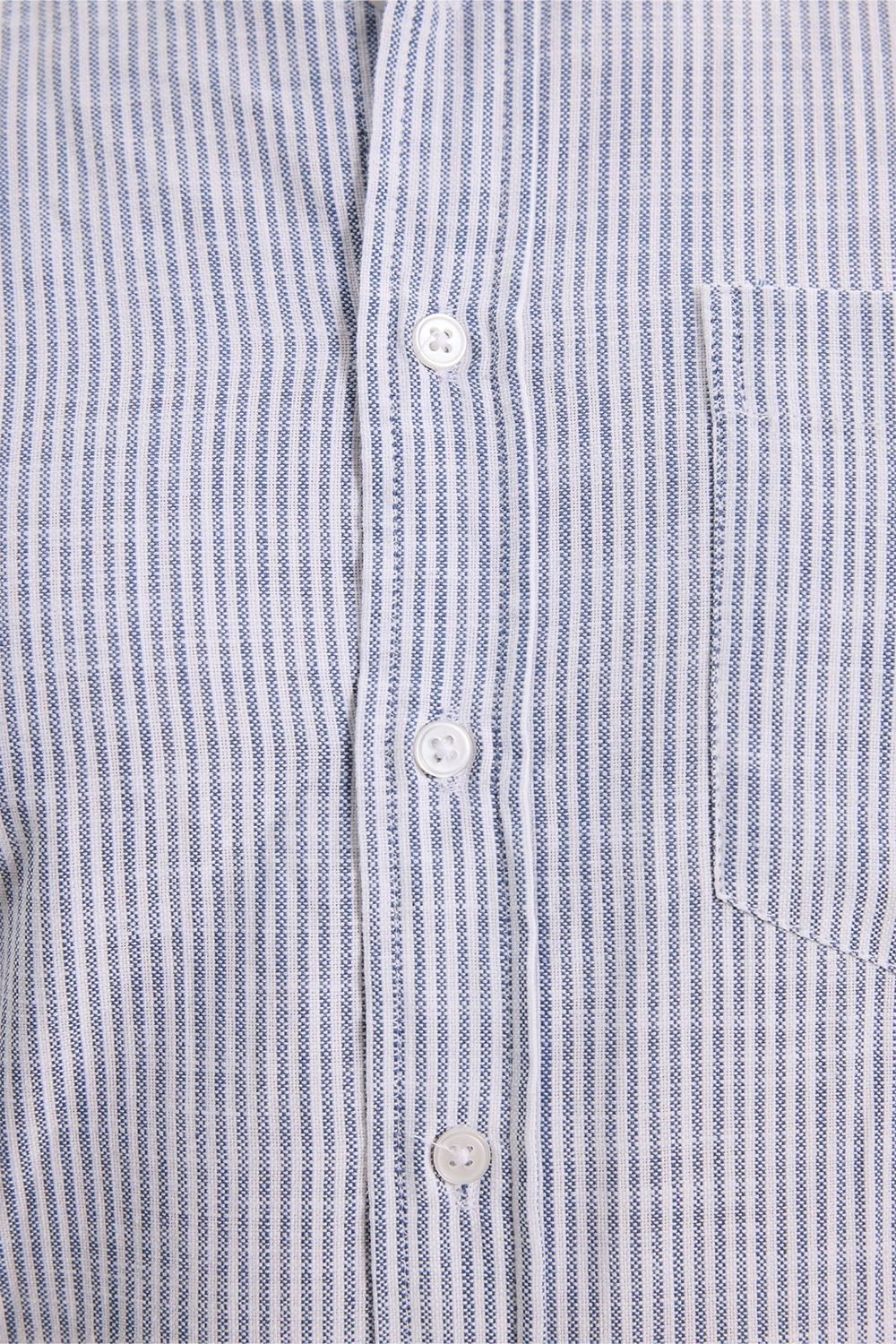 Erkek Slim Fit Dar Kesim %100 Pamuk Düğmeli Yaka Çizgili Uzun Kollu Cepli Keten Lacivert Gömlek