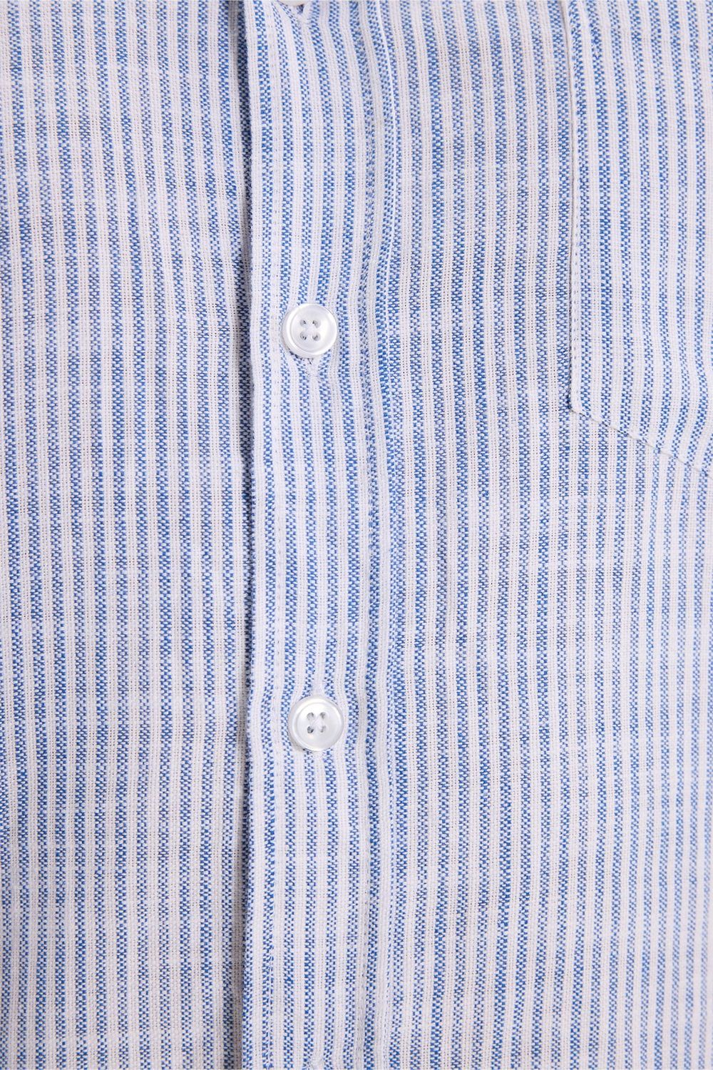 Erkek Slim Fit Dar Kesim %100 Pamuk Düğmeli Yaka Çizgili Uzun Kollu Cepli Keten Efektli Lacivert Gömlek