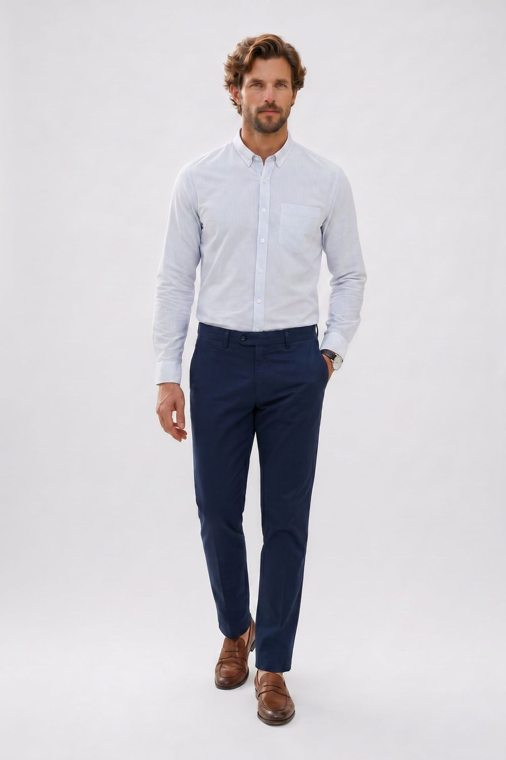 Erkek Slim Fit Dar Kesim Yaka Düğmeli Çizgili Uzun Kollu Cepli Keten Efektli Gömlek