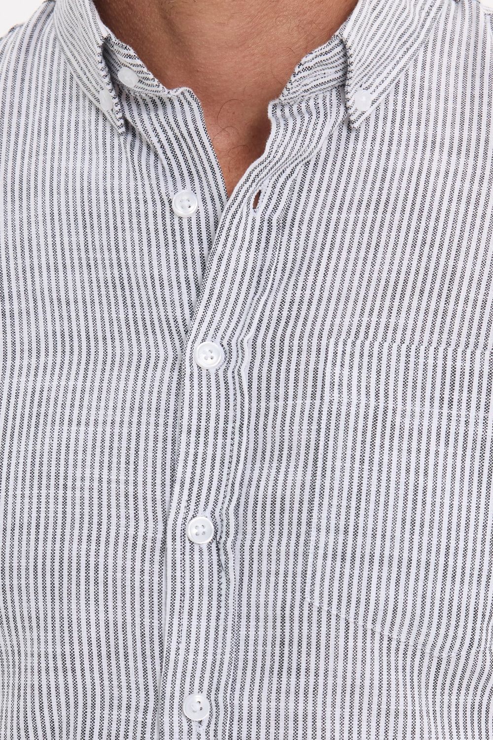 Erkek Slim Fit Dar Kesim %100 Pamuk Düğmeli Yaka Çizgili Uzun Kollu Cepli Keten Siyah-Beyaz Gömlek