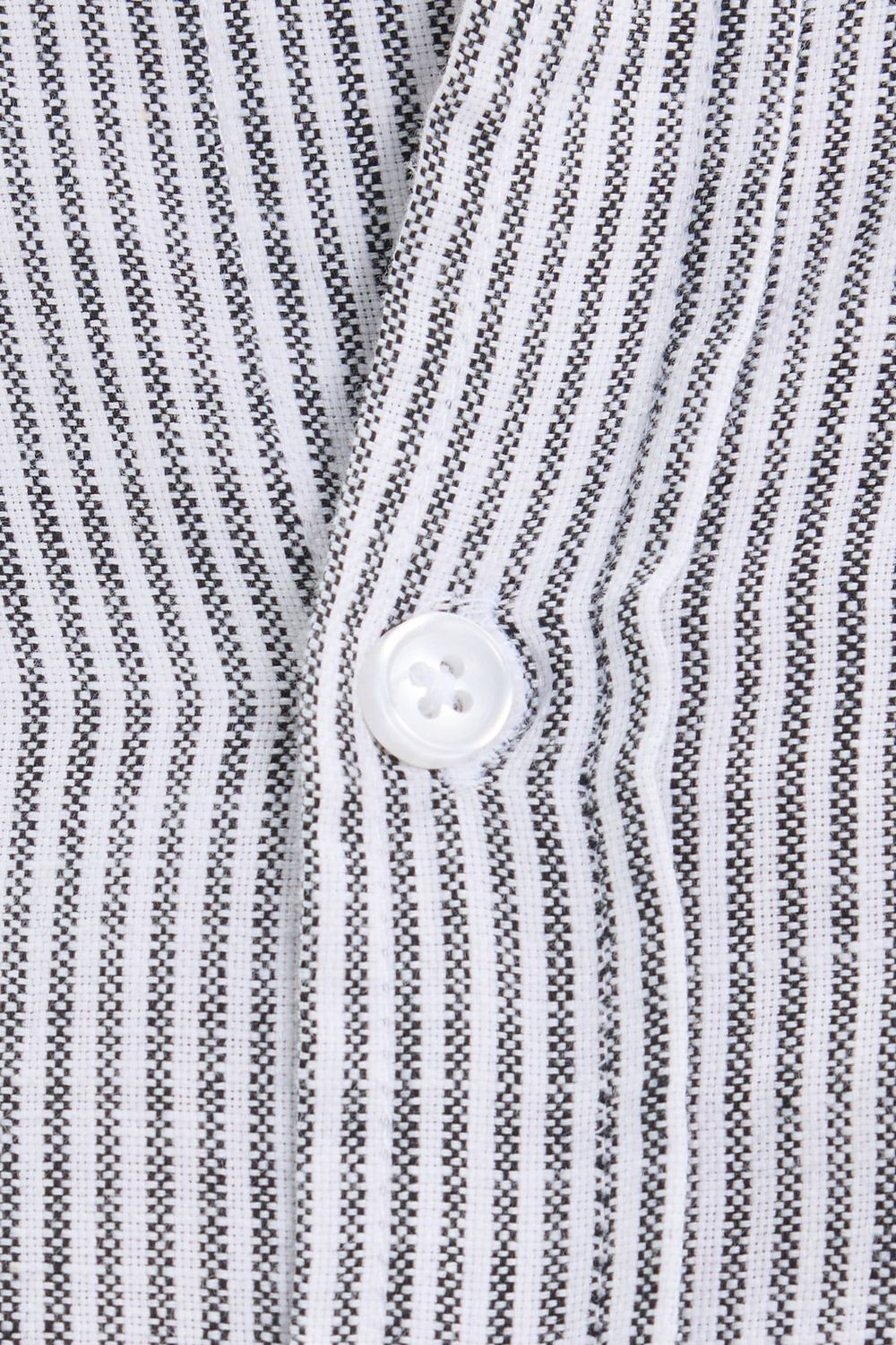 Erkek Slim Fit Dar Kesim %100 Pamuk Düğmeli Yaka Çizgili Uzun Kollu Cepli Keten Siyah-Beyaz Gömlek