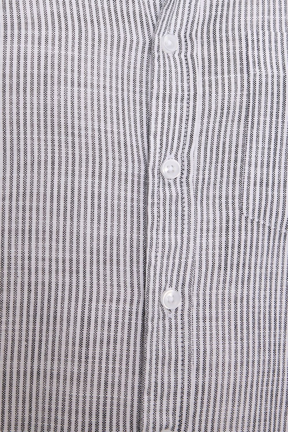 Erkek Slim Fit Dar Kesim %100 Pamuk Düğmeli Yaka Çizgili Uzun Kollu Cepli Keten Siyah-Beyaz Gömlek