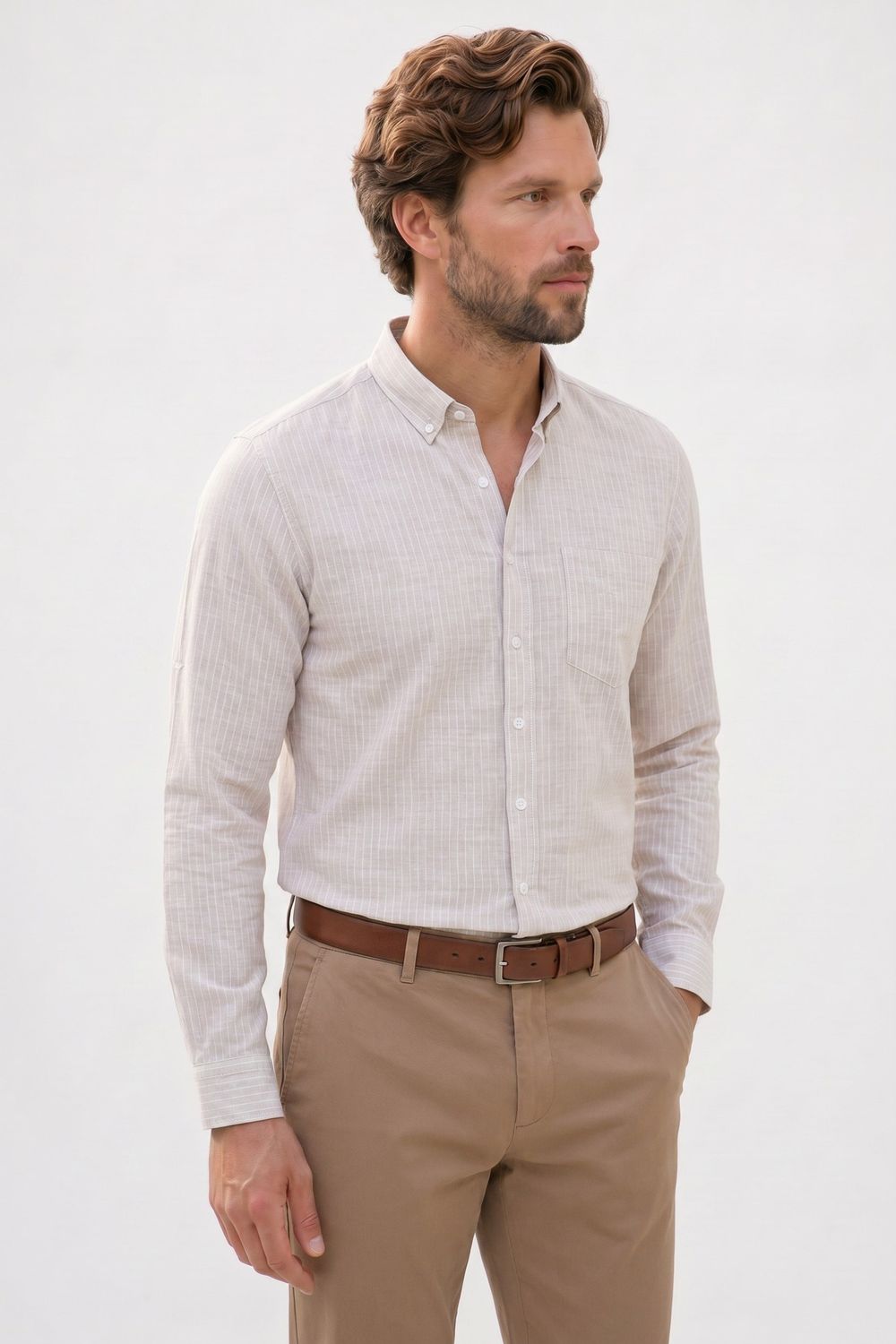 Erkek Slim Fit Dar Kesim Yaka Düğmeli Çizgili Uzun Kollu Cepli Keten Efektli Gömlek