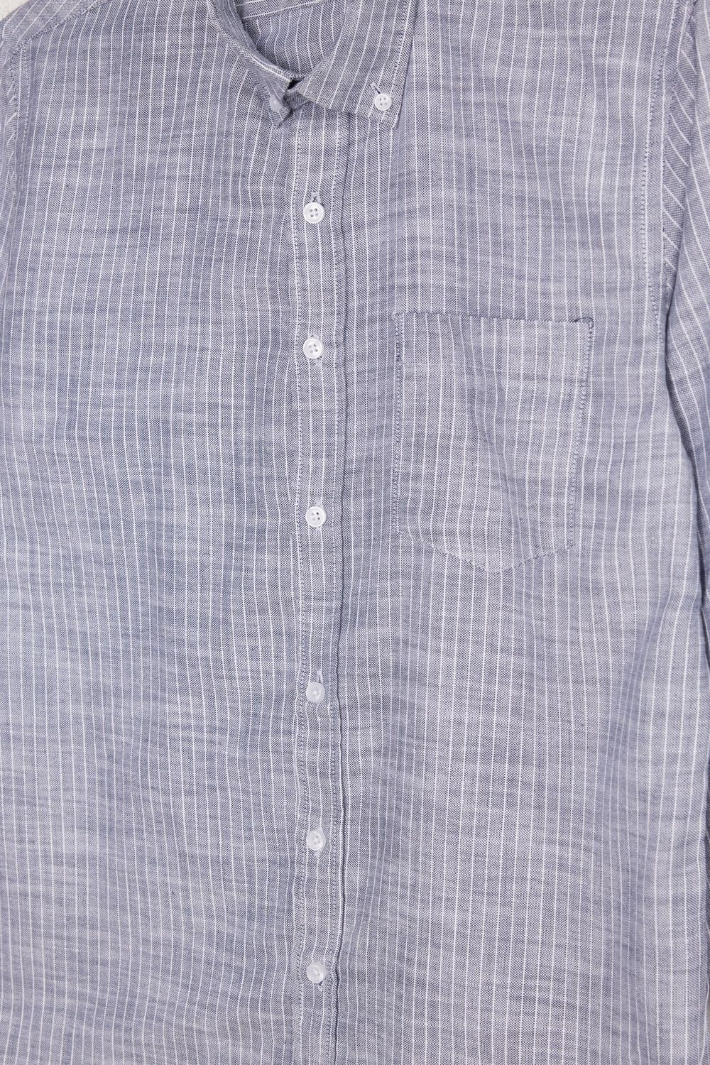 Erkek Slim Fit Dar Kesim Yaka Düğmeli Çizgili Uzun Kollu Cepli Keten Efektli Gömlek