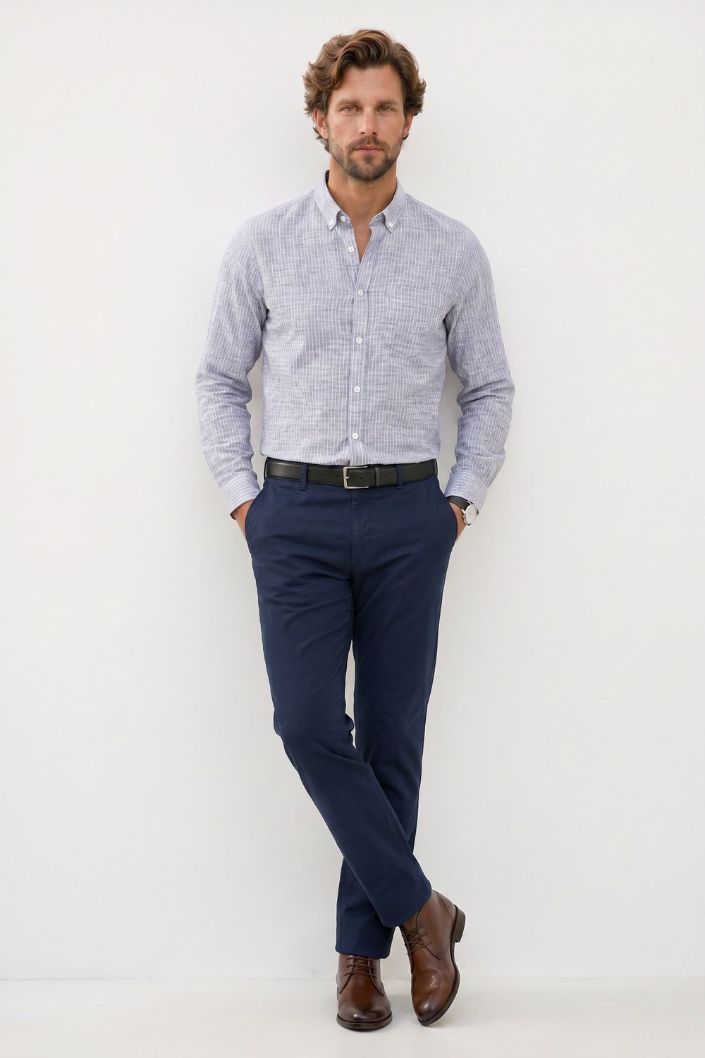 Erkek Slim Fit Dar Kesim Yaka Düğmeli Çizgili Uzun Kollu Cepli Keten Efektli Gömlek