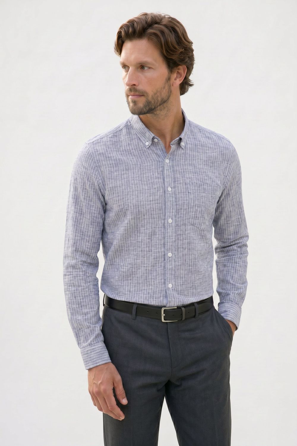 Erkek Slim Fit Dar Kesim Yaka Düğmeli Çizgili Uzun Kollu Cepli Keten Efektli Gömlek