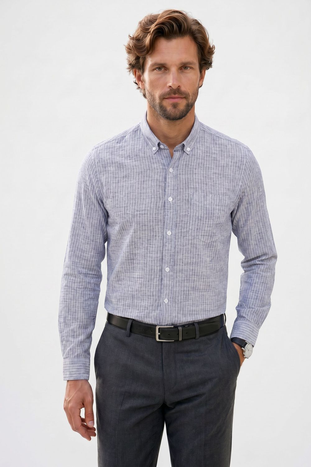 Erkek Slim Fit Dar Kesim Yaka Düğmeli Çizgili Uzun Kollu Cepli Keten Efektli Gömlek