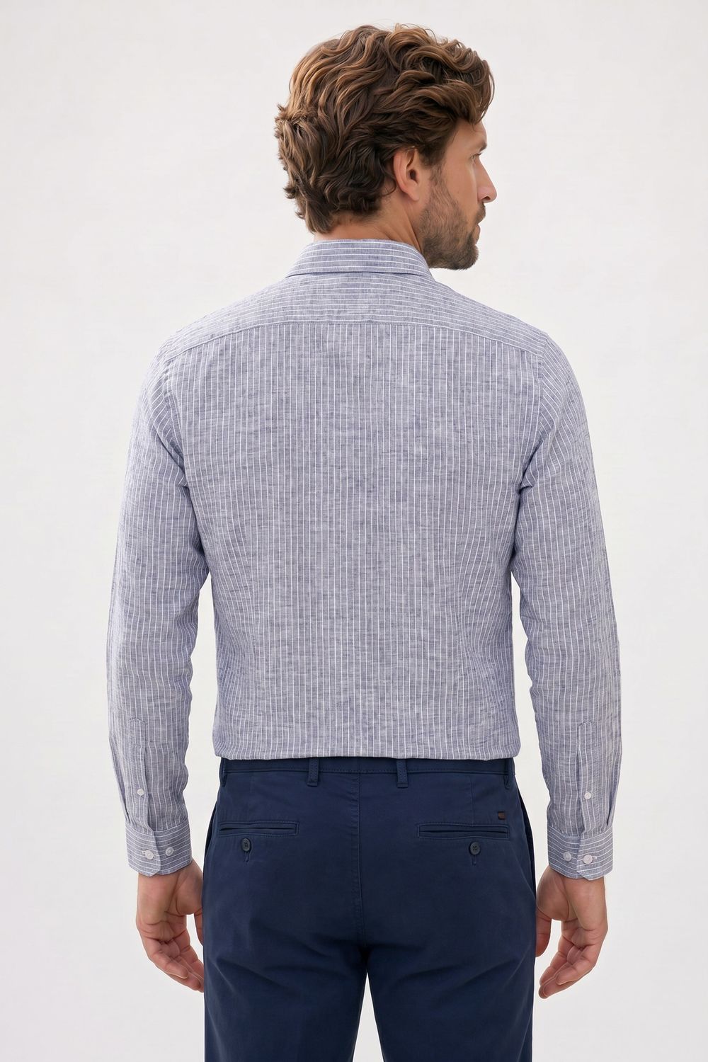 Erkek Slim Fit Dar Kesim Yaka Düğmeli Çizgili Uzun Kollu Cepli Keten Efektli Gömlek