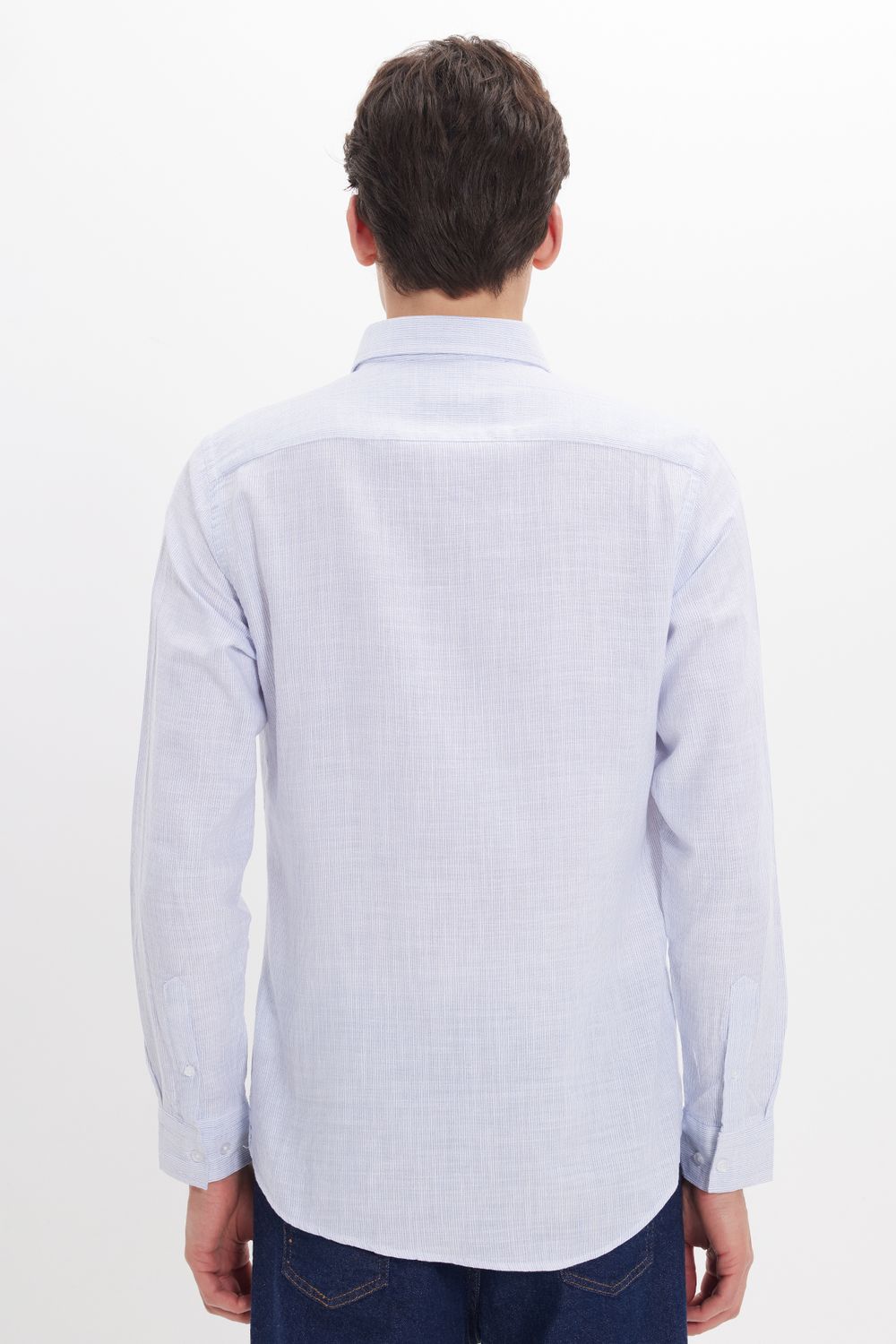 Erkek Slim Fit Dar Kesim %100 Pamuk Düğmeli Yaka Çizgili Uzun Kollu Cepli Keten Efektli Mavi Gömlek