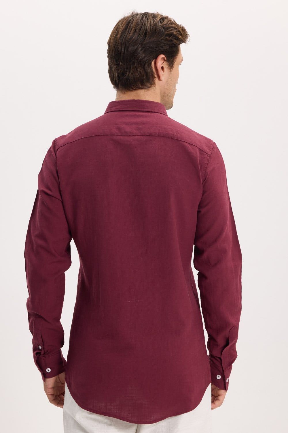 Erkek Slim Fit Dar Kesim %100 Pamuk Düğmeli Yaka Flam Keten Bordo Gömlek