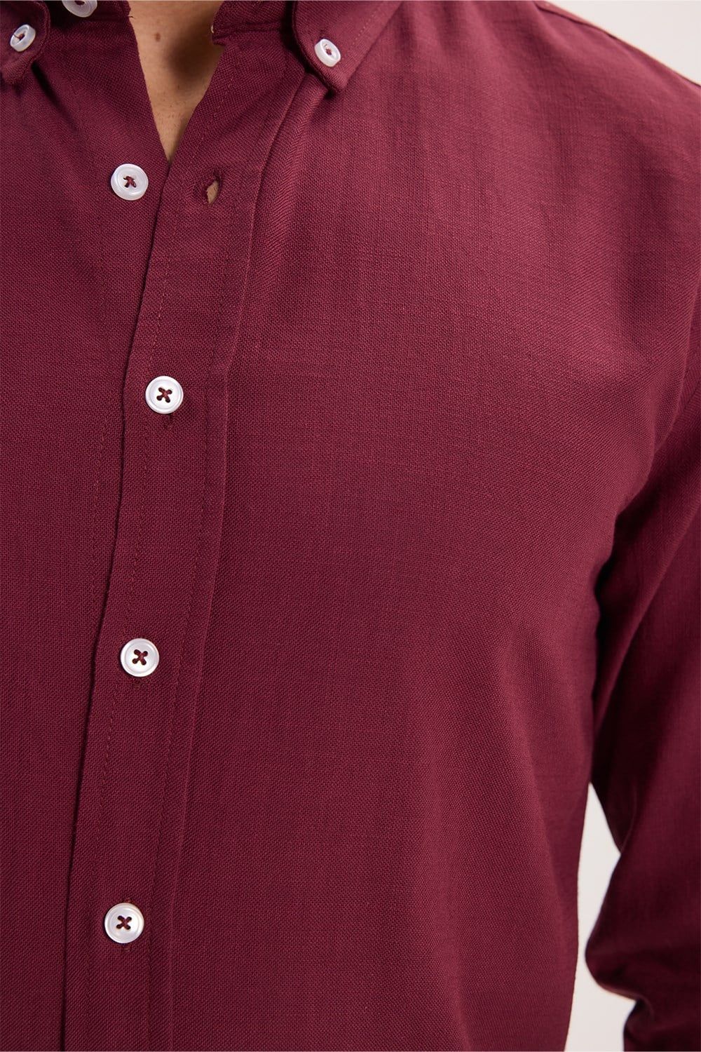 Erkek Slim Fit Dar Kesim %100 Pamuk Düğmeli Yaka Flam Keten Bordo Gömlek