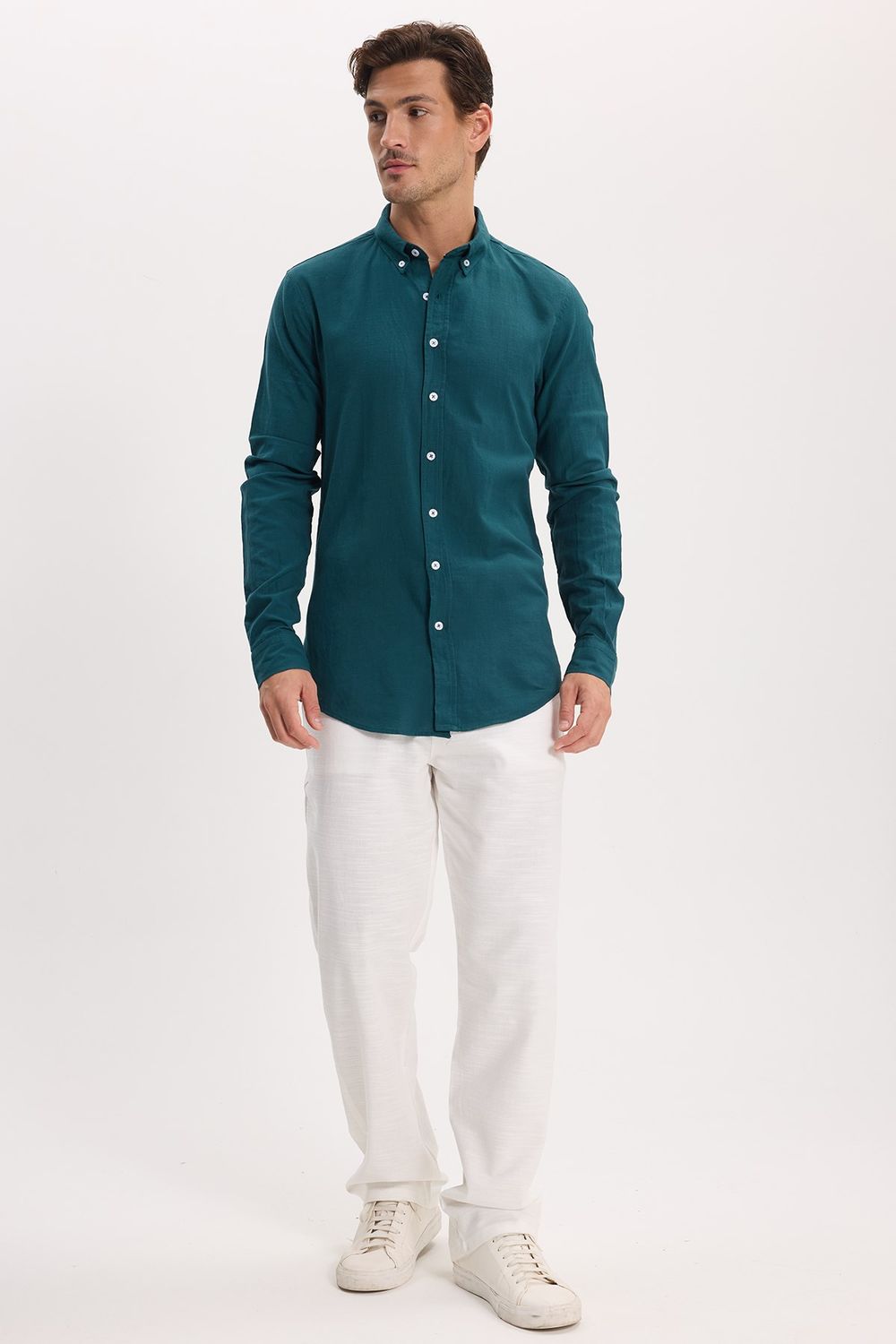 Erkek Slim Fit Dar Kesim %100 Pamuk Düğmeli Yaka Flam Keten Yeşil Gömlek
