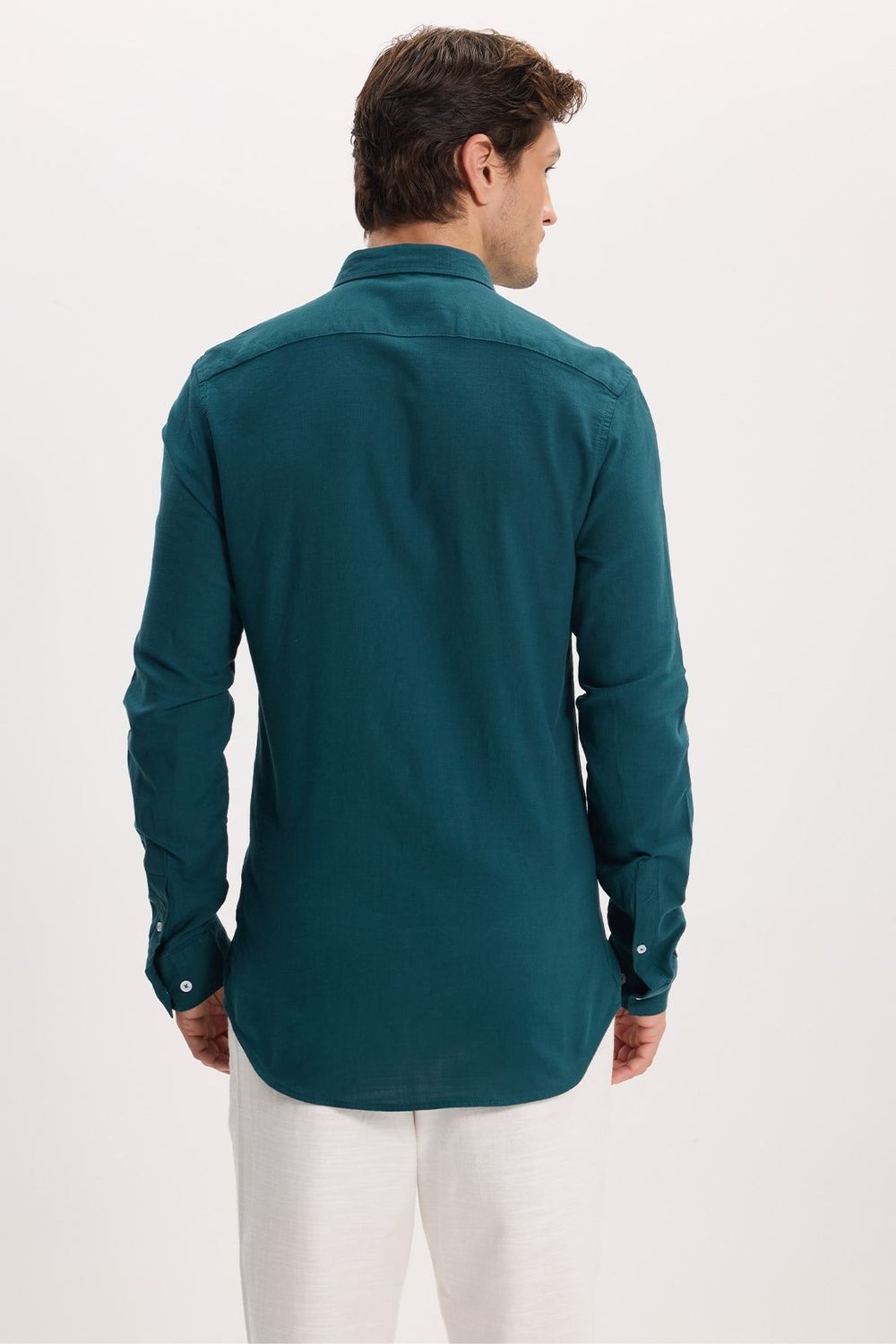 Erkek Slim Fit Dar Kesim %100 Pamuk Düğmeli Yaka Flam Keten Yeşil Gömlek