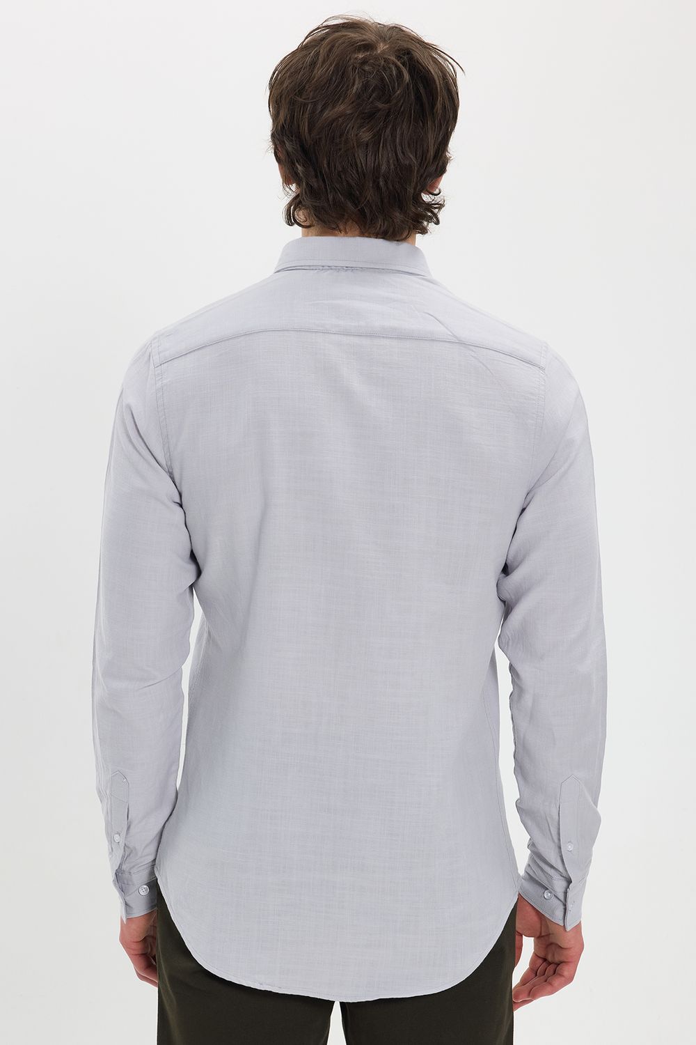 Erkek Slim Fit Dar Kesim %100 Pamuk Düğmeli Yaka Flam Keten Gri Gömlek