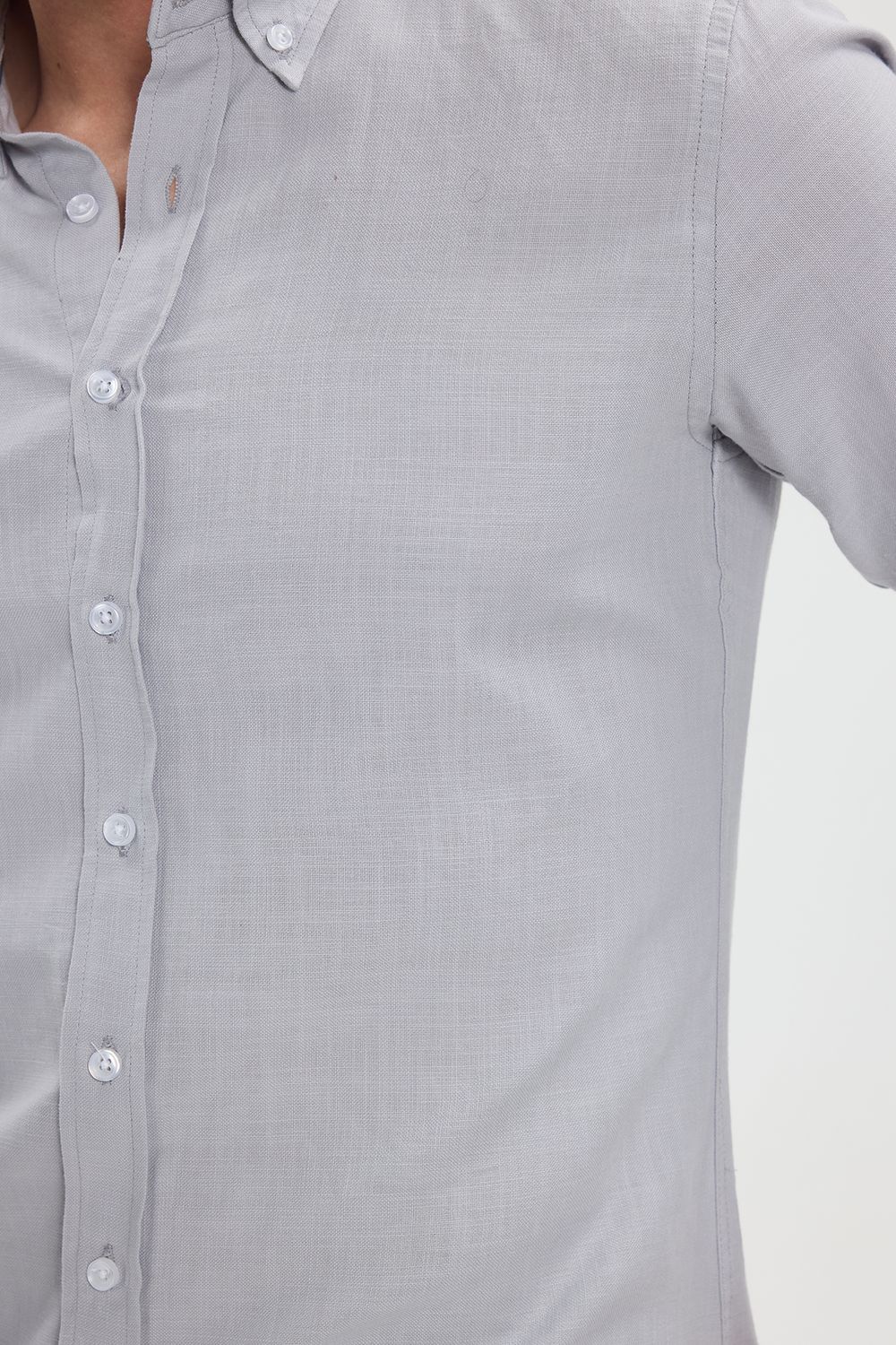 Erkek Slim Fit Dar Kesim %100 Pamuk Düğmeli Yaka Flam Keten Gri Gömlek
