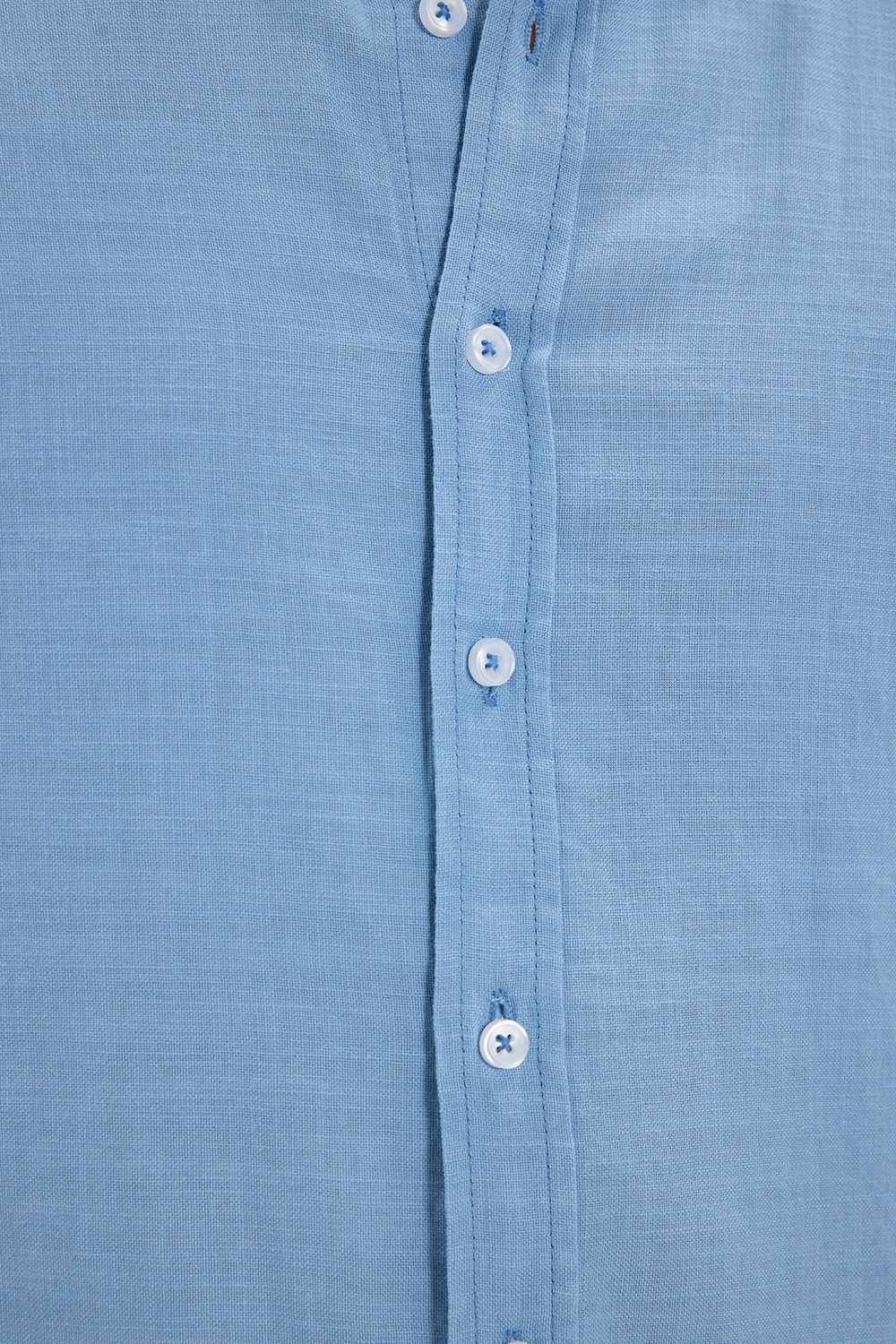 Erkek Slim Fit Dar Kesim %100 Pamuk Düğmeli Yaka Flam Keten Mavi Gömlek