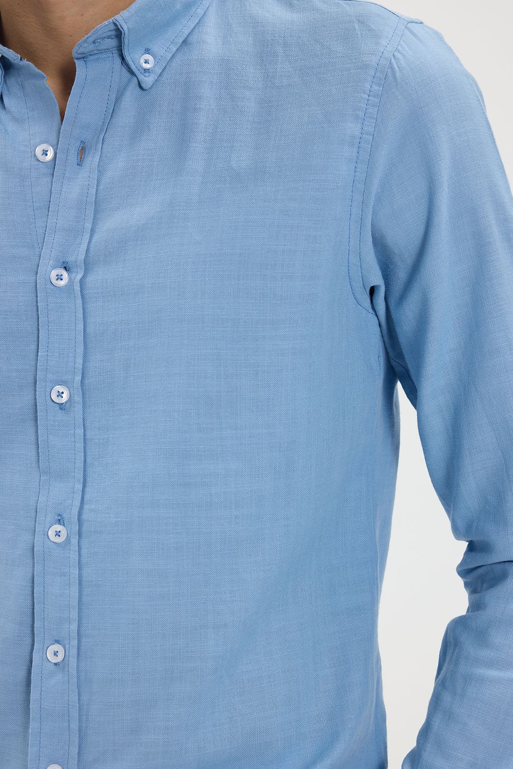 Erkek Slim Fit Dar Kesim %100 Pamuk Düğmeli Yaka Flam Keten Mavi Gömlek