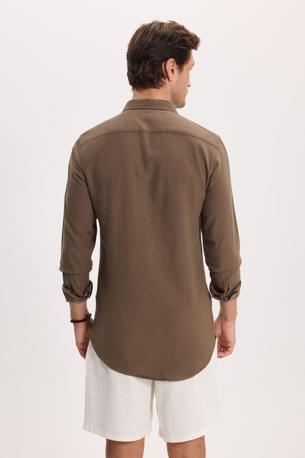 Erkek Slim Fit Dar Kesim %100 Pamuk Düğmeli Yaka Flam Keten Haki Gömlek