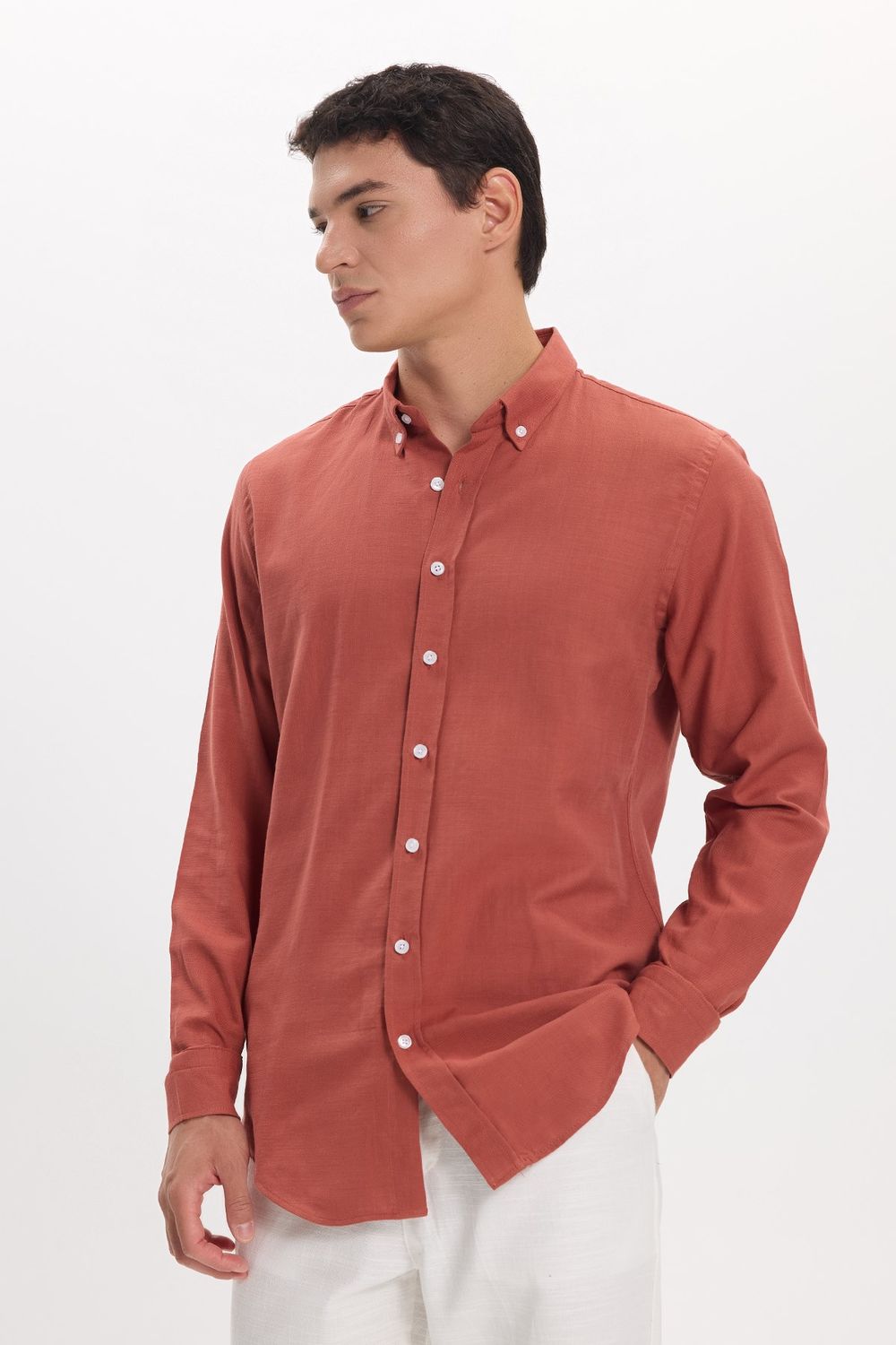 Erkek Slim Fit Dar Kesim %100 Pamuk Düğmeli Yaka Flam Keten Turuncu Gömlek