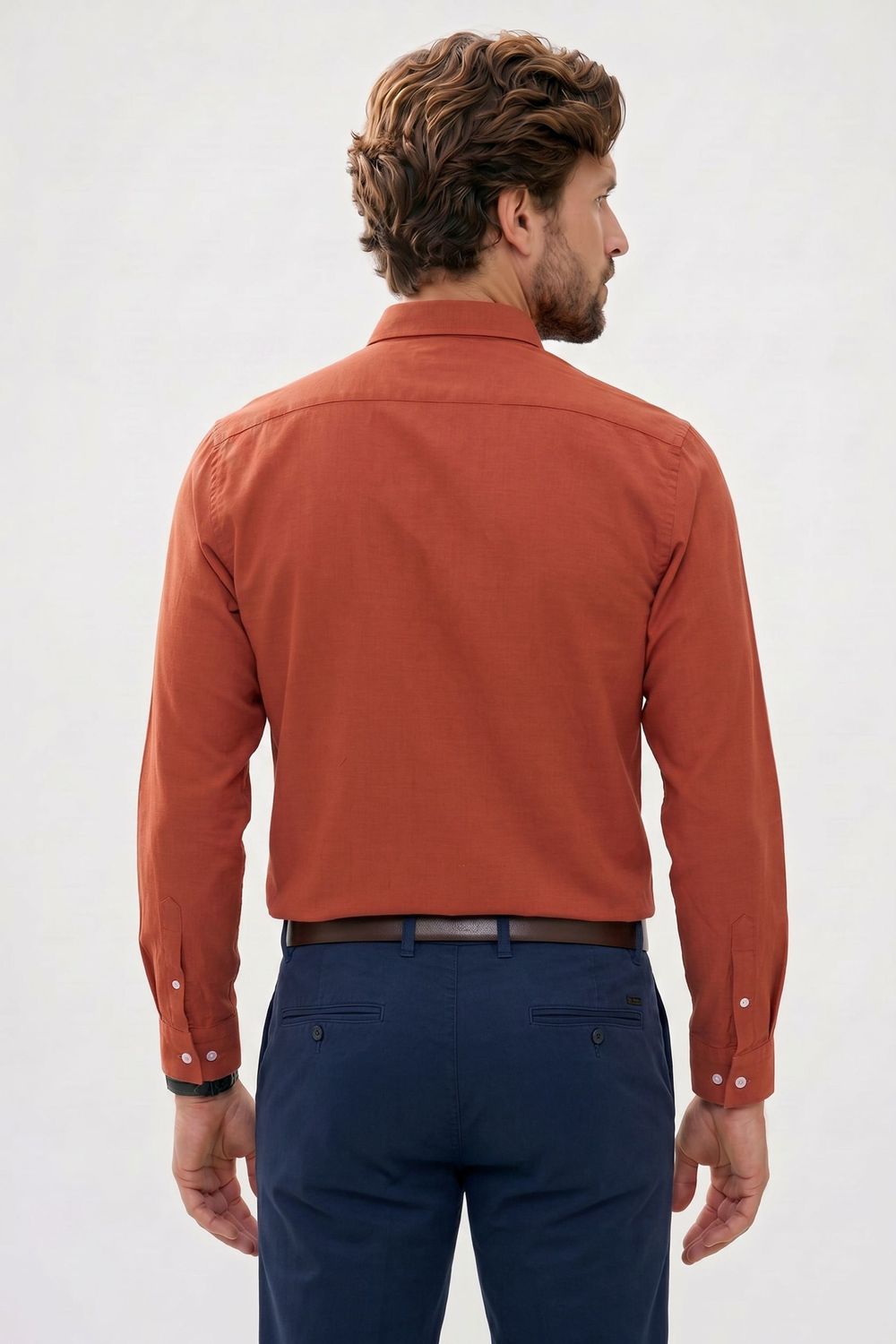 Erkek Slim Fit Dar Kesim %100 Pamuk Düğmeli Yaka Flam Keten Turuncu Gömlek