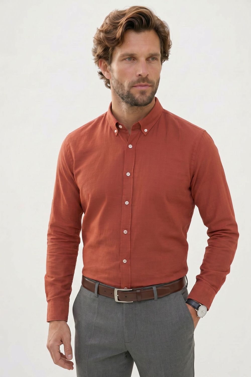 Erkek Slim Fit Dar Kesim %100 Pamuk Düğmeli Yaka Flam Keten Turuncu Gömlek