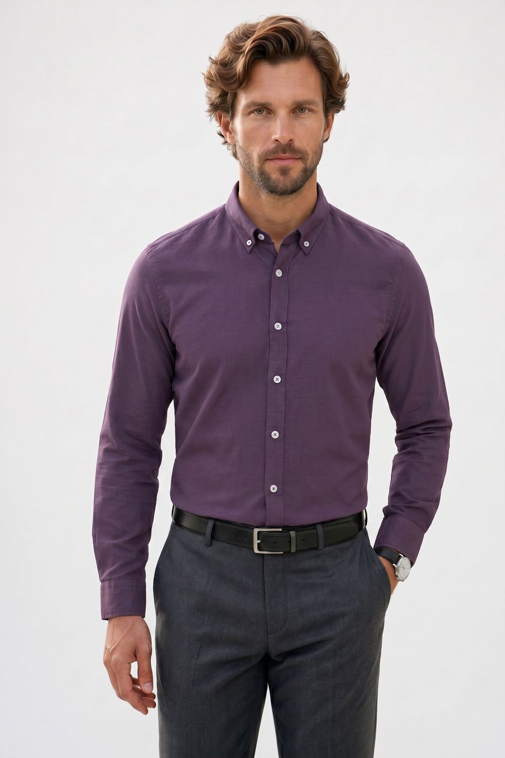 Erkek Slim Fit Dar Kesim %100 Pamuk Düğmeli Yaka Flam Keten Mor Gömlek