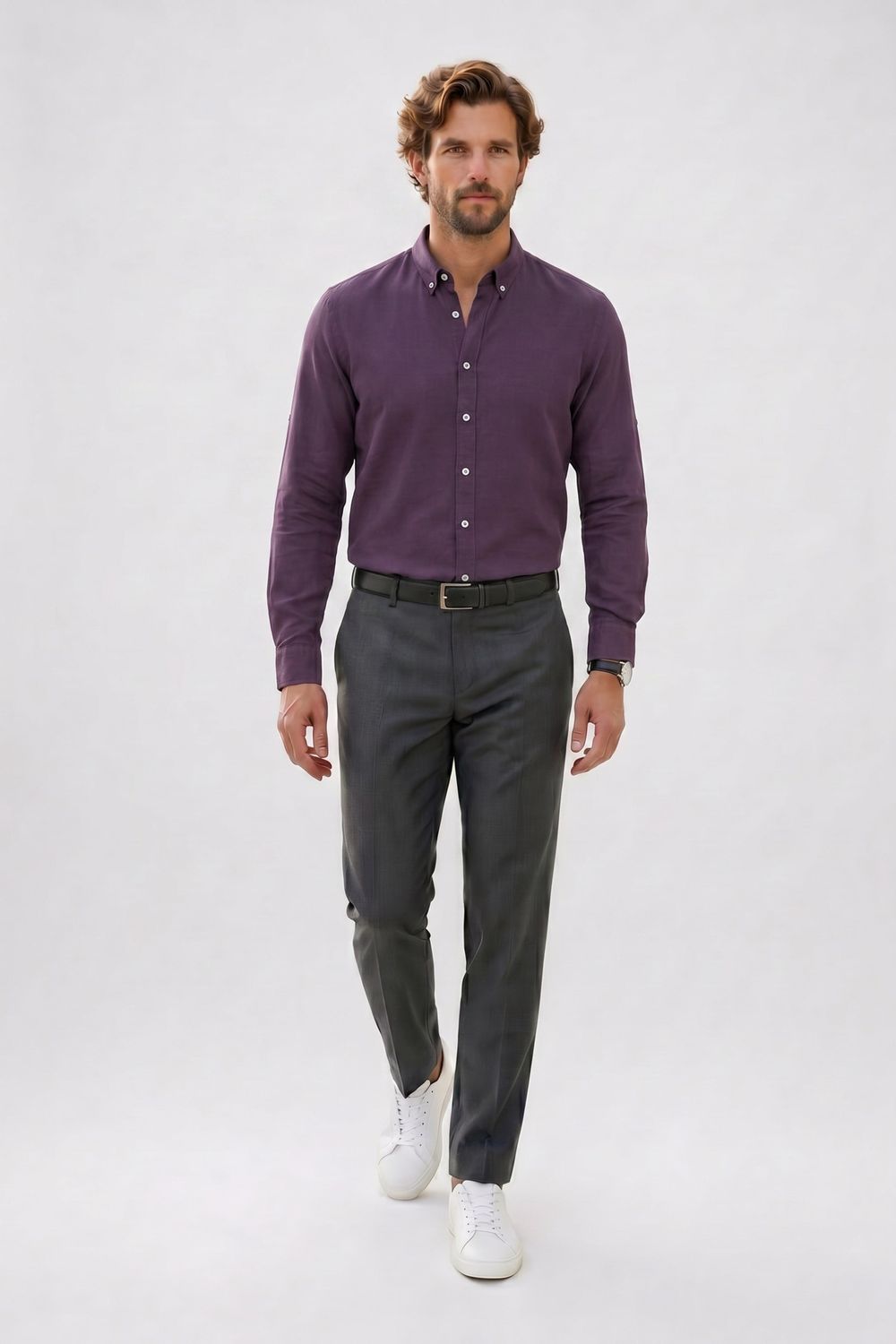 Erkek Slim Fit Dar Kesim %100 Pamuk Düğmeli Yaka Flam Keten Mor Gömlek
