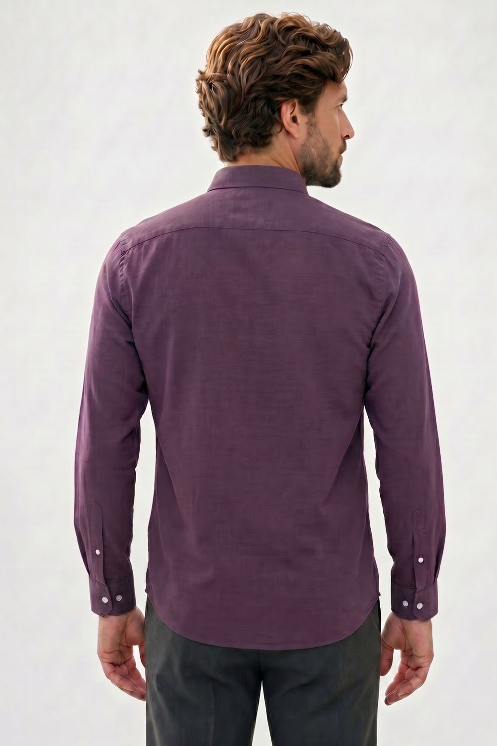 Erkek Slim Fit Dar Kesim %100 Pamuk Düğmeli Yaka Flam Keten Mor Gömlek