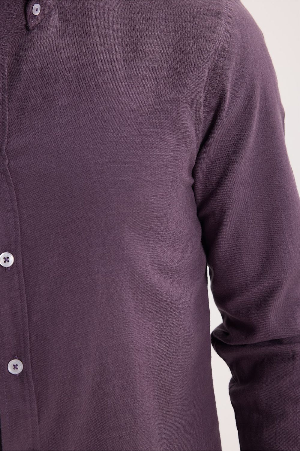 Erkek Slim Fit Dar Kesim %100 Pamuk Düğmeli Yaka Flam Keten Mor Gömlek