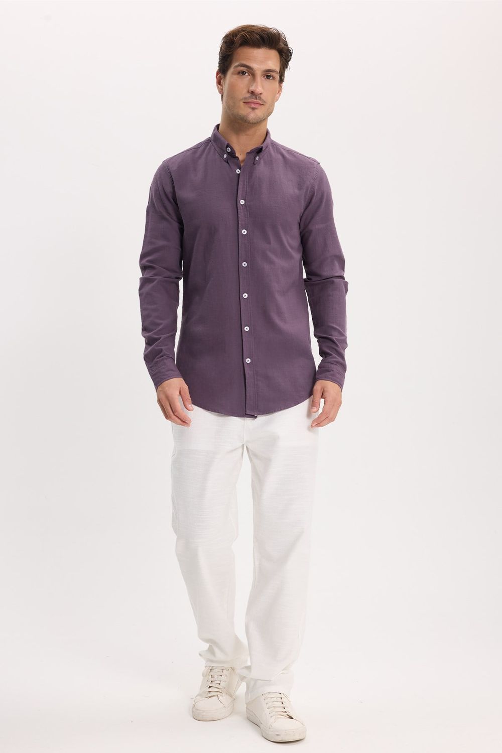 Erkek Slim Fit Dar Kesim %100 Pamuk Düğmeli Yaka Flam Keten Mor Gömlek
