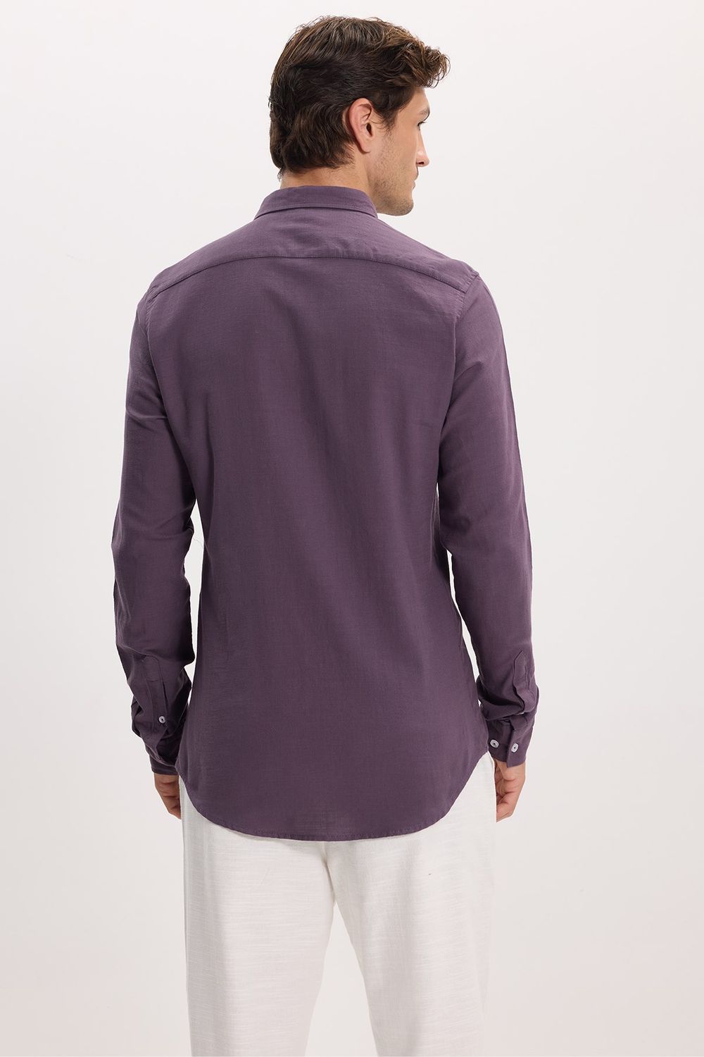 Erkek Slim Fit Dar Kesim %100 Pamuk Düğmeli Yaka Flam Keten Mor Gömlek