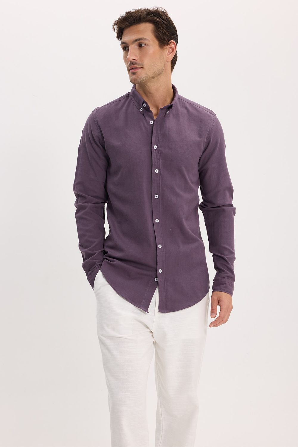 Erkek Slim Fit Dar Kesim %100 Pamuk Düğmeli Yaka Flam Keten Mor Gömlek