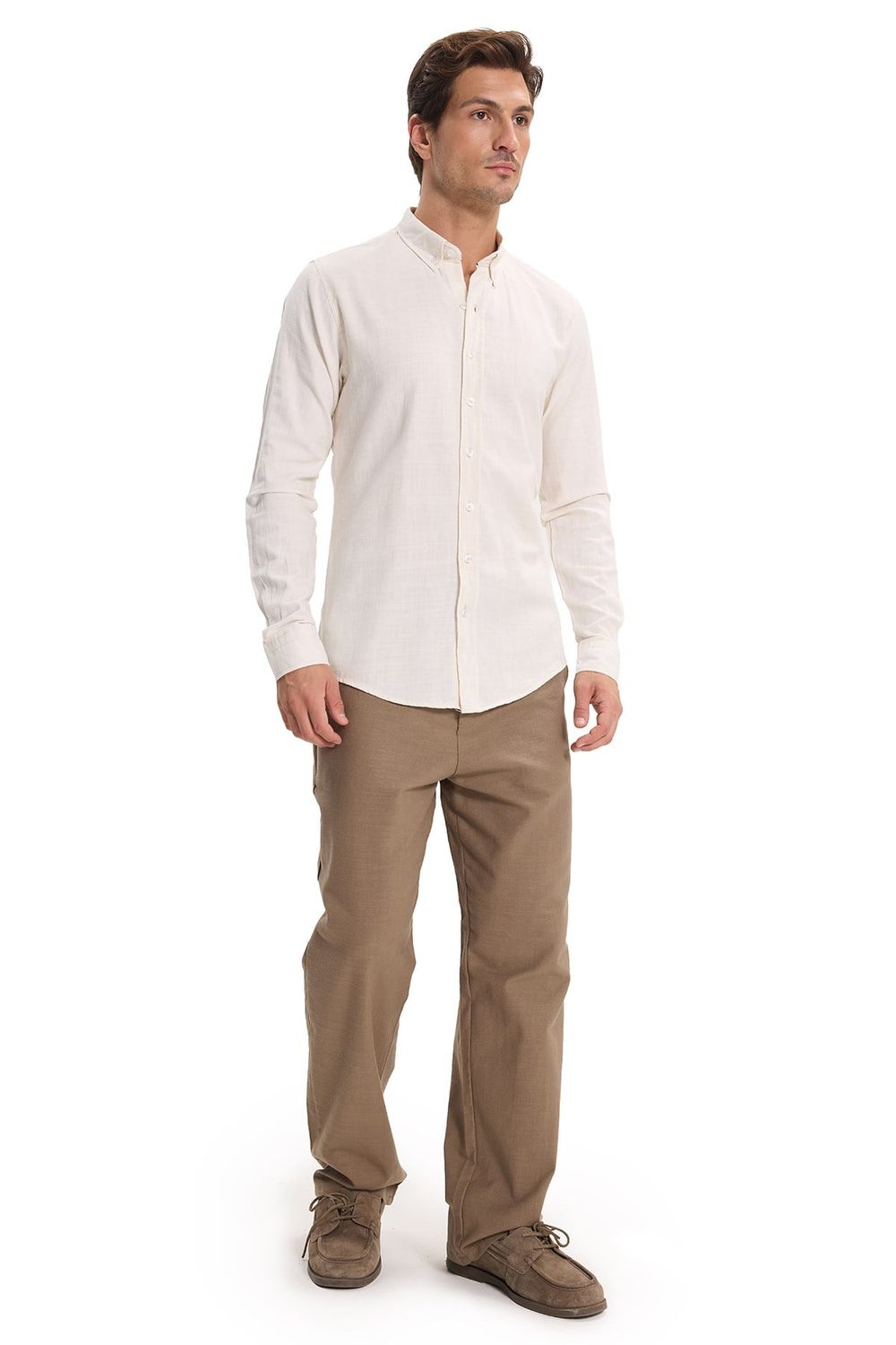 Erkek Slim Fit Dar Kesim %100 Pamuk Düğmeli Yaka Flam Keten Ekru Gömlek