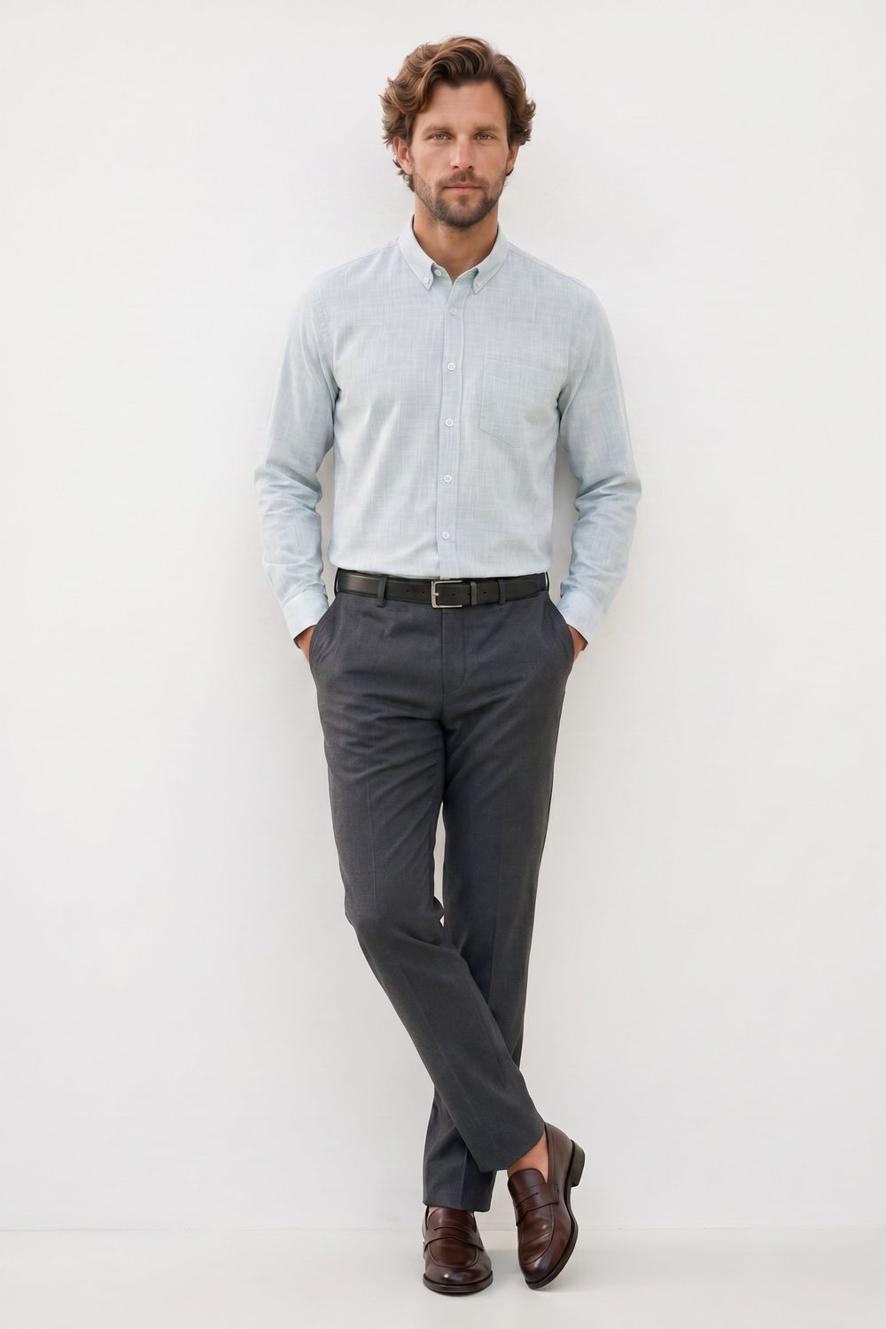 Erkek Slim Fit Dar Kesim Uzun Kollu %100 Pamuk Keten Efektli Düğmeli Yaka Rahat Gömlek
