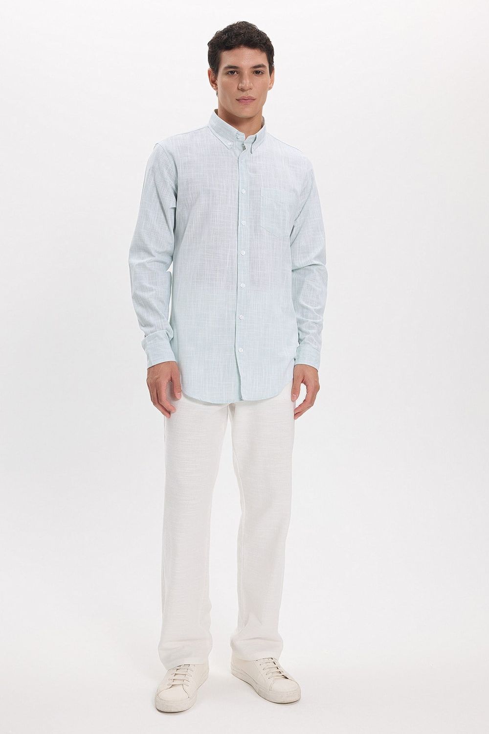 Erkek Slim Fit Dar Kesim Uzun Kollu %100 Pamuk Keten Efektli Düğmeli Yaka Rahat Yeşil Gömlek