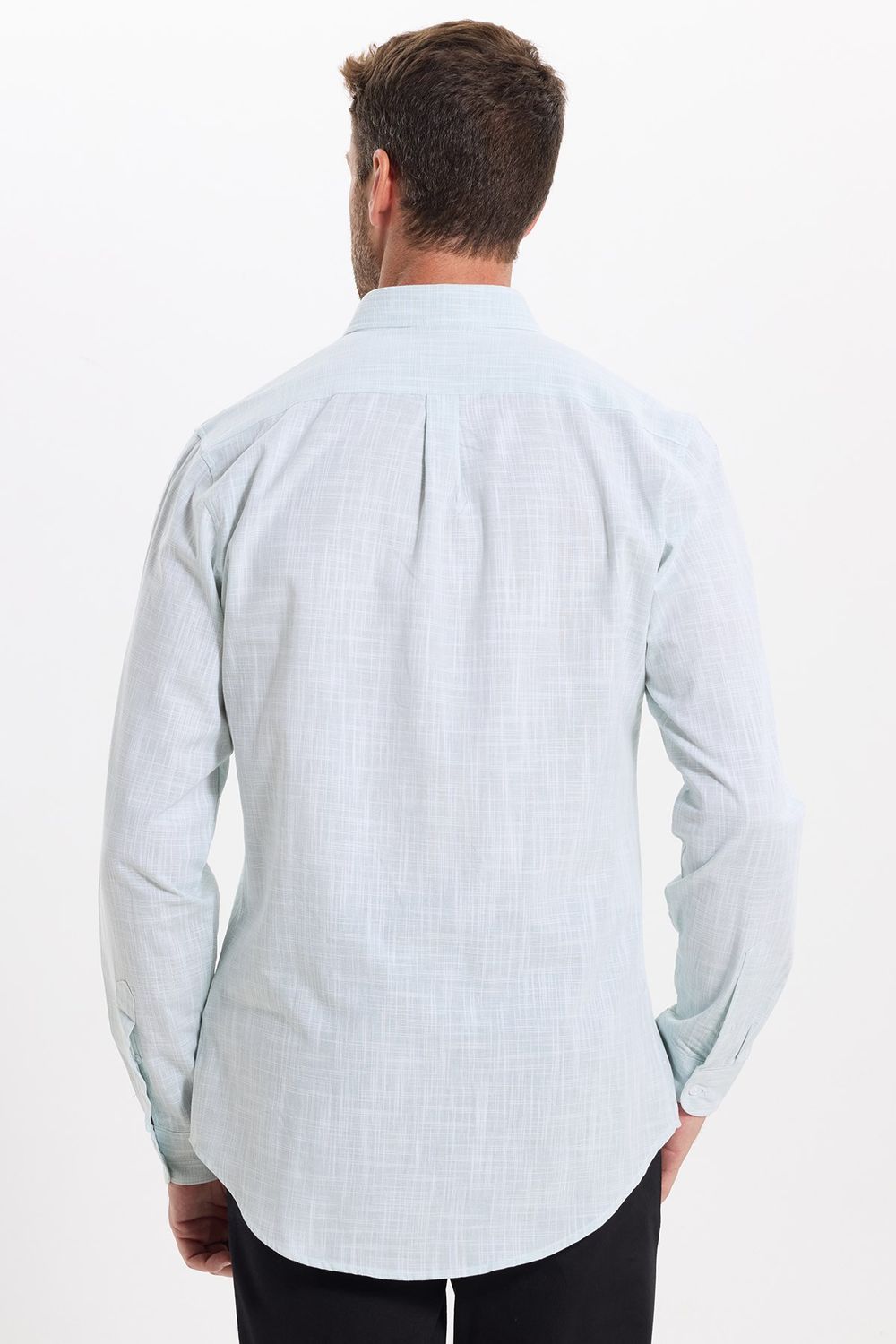 Erkek Slim Fit Dar Kesim Uzun Kollu %100 Pamuk Keten Efektli Düğmeli Yaka Rahat Yeşil Gömlek