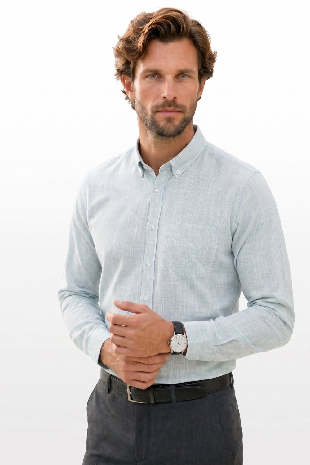 Erkek Slim Fit Dar Kesim Uzun Kollu %100 Pamuk Keten Efektli Düğmeli Yaka Rahat Gömlek
