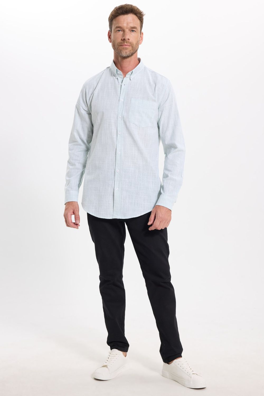 Erkek Slim Fit Dar Kesim Uzun Kollu %100 Pamuk Keten Efektli Düğmeli Yaka Rahat Yeşil Gömlek
