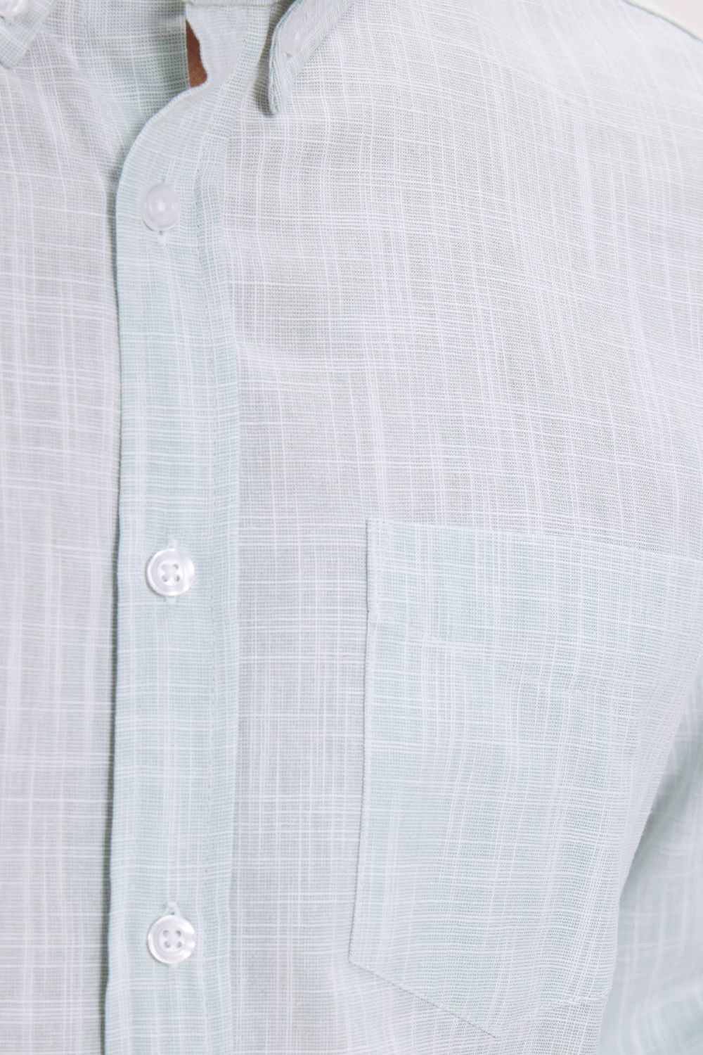 Erkek Slim Fit Dar Kesim Uzun Kollu %100 Pamuk Keten Efektli Düğmeli Yaka Rahat Yeşil Gömlek